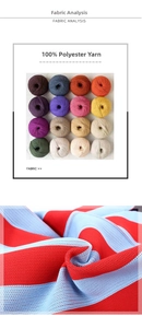 Detailed texture of 100% polyester yarn balls and matching red and blue striped knit fabric