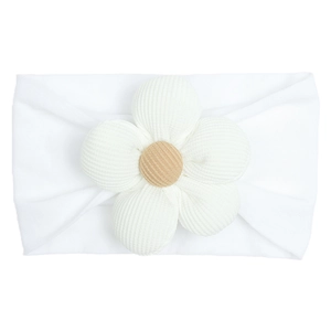 Detail showing white soft nylon baby headband with a large ribbed fabric floral accent