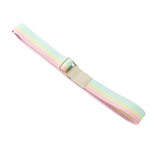 Rainbow striped woven canvas belt with beige double D-ring buckle for casual jeans