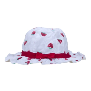 Cappello da sole per bambini con stampa fragole, fiocco rosso e tesa a volant per bambine