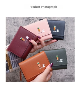 Detailed view of trifold PU leather mini wallets in five colors with cute rabbit patterns