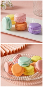 Macro detail of colorful macarons on a white plate and stacked in a glass bowl