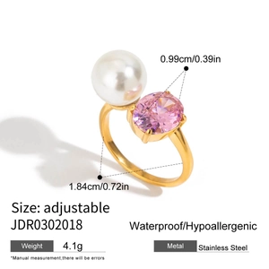 Detail showing dimensions of adjustable stainless steel ring with pearl and pink stone