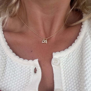 Detail of gold titanium steel necklace featuring pavé zircon letters D and A on a chain