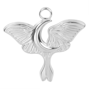 Detailed macro view of a silver stainless steel lunar moth pendant with intricate wings