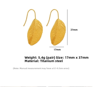 Detailed size chart for gold leaf earrings showing length 37mm and width 17mm titanium steel