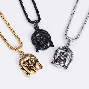 Buddhist Buddha head pendants in gold, black, and silver stainless steel with box chain