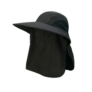 Detail of black outdoor sun hat with breathable mesh and laser-cut protective face mask