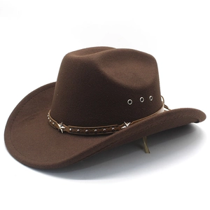 Classic dark brown western cowboy hat with star studs and leather band on white background