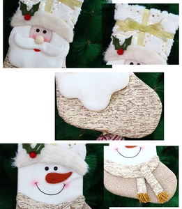 Detail view of 3D Santa and Snowman Christmas stockings with glittery plush fabric