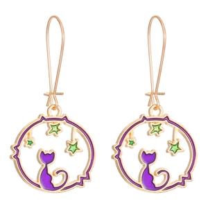 Cute gold cat and purple starry sky planet drop earrings with colorful enamel charms