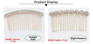 Detail of gold rhinestone hair combs in bar and flower patterns with weight specs