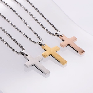 Men's stainless steel cross pendant necklace set in silver gold and rose gold tones
