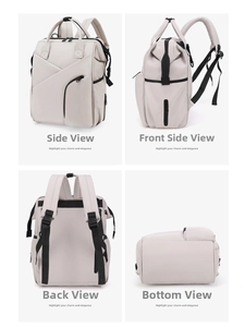 Detailed views of beige diaper backpack showing side pockets and padded shoulder straps