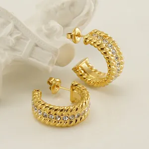 Stainless Steel Hoop Earrings 18K Gold Plated Twisted Rope Texture C Shaped Zircon Inlaid Vintage Style For Women