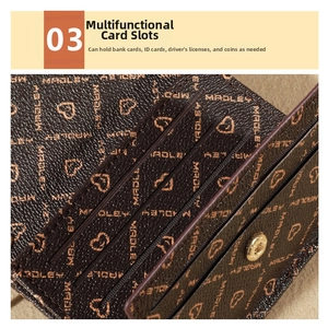 Detail view of foldable brown litchi leather wallet with card slots and metal snap button