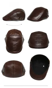 Detailed views of dark brown leather ivy cap with ear flaps and metal buckle