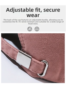 Detail of adjustable metal buckle on cotton baseball cap for custom fit sizing
