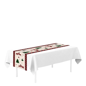 Christmas table runner with reindeer and tree patterns on a beige background with plaid borders