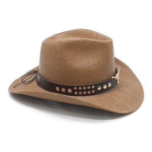 Detail of western straw cowboy hat with leather band, gold studs and bull head badge