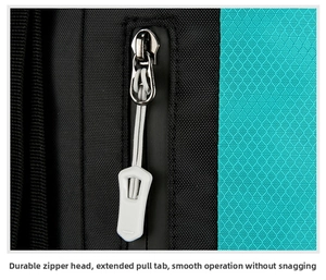 Detailed close-up of heavy-duty zippers and durable cross-texture fabric on hiking backpack