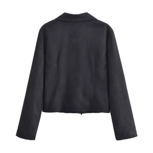 Back view of a slim-fit black long sleeve jacket with tie-back bow detail on white background