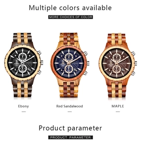 Vue détaillée des chronographes en ébène, bois de santal et érable avec cadran à trois yeux