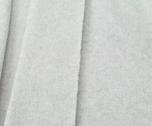 Detailed macro view of light gray fine-knit fabric texture on the lapel cardigan