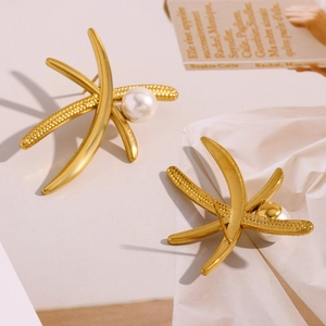 Modern 18K gold plated stainless steel palm tree earrings featuring elegant white pearls
