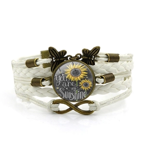 Vintage multilayer woven bracelet with sunflower time gem and butterfly charms