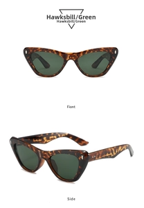 Détails des lunettes de soleil œil de chat écaillé avec verres verts, face et profil