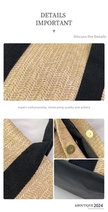 Detail of V-shaped straw weave, magnetic metal closure and black leather base on woven tote