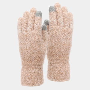 Close-up of touch-screen knitted gloves with camel plush texture and gray fingertips