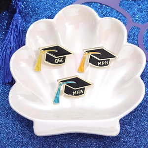 Exquisite graduation cap enamel pins with BSC, MPH, MHA letters and colorful tassels