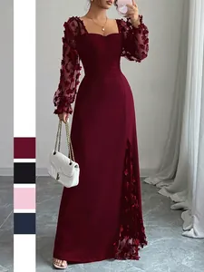 Robe De Soirée Élégante Femmes Col Carré Manches Longues Maille Applique Florale Texturée Fente Haute Plissée Maxi Robe