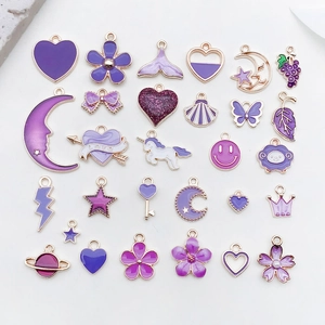 Purple Enamel Zinc Alloy Charms For DIY Jewelry Making Heart Moon Star Flower Animal Shaped Pendants Accessories
