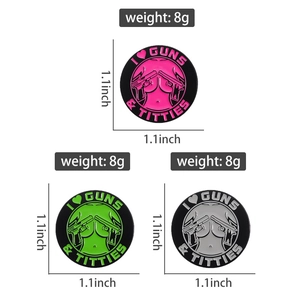 Three 1.1 inch metal enamel badges with text I love Guns and Titties in 8g weight