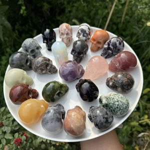Assorted 5cm natural semi-precious gemstone skulls hand-carved in a white display plate