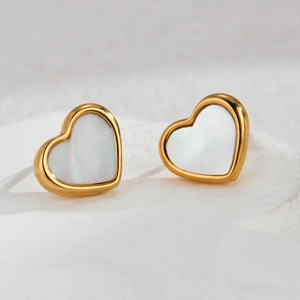 Boucles d'oreilles cœur vintage français plaqué or avec incrustation nacre blanche