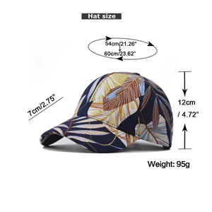Detailed size chart for leaf print baseball cap with head circumference measurements