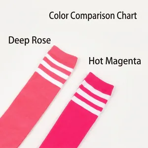 Detailed comparison of striped over-knee socks in rose red and neon red with white stripes