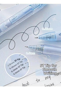 Macro detail of 0.38mm and 0.5mm ST nibs on translucent light blue gel pens