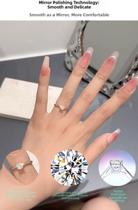 Detailed view of moissanite ring with four-prong setting and hypoallergenic plating
