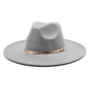Close-up of gray wide brim wool fedora with glossy gold belt buckle detail