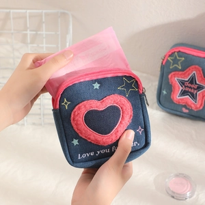 Denim square makeup bag with embroidered heart and pink zipper for small items