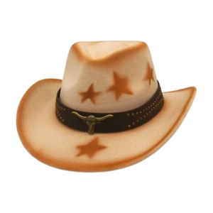 Western cowboy jazz hat with brown star patterns and bull head metal buckle decoration