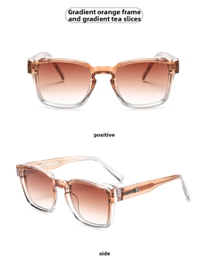 Detail view of square gradient orange sunglasses showing front and side metal accents