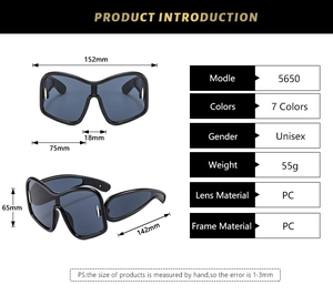 Detailed technical specifications and dimensions for Y2K oversized shield sunglasses