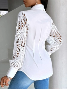 White slim fit shirt for women featuring elegant lace patchwork sleeves and business style