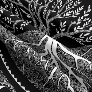 Detailed view of Tree of Life mandala pattern on high-quality black and white fabric